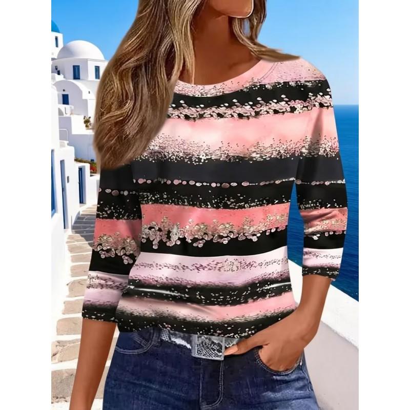 Color Block Striped Crew Neck Long Sleeve T-Shirt Slim Fit Casual Top Daily Wear
