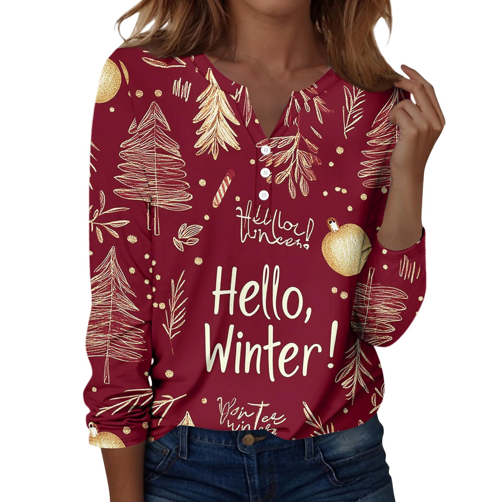 

Женская футболка с рождественским принтом на пуговицах с длинным рукавом, повседневная, выходного дня, модная, базовая, с V-образным вырезом, обычная XL