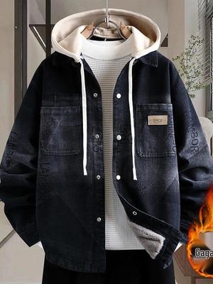 Men's Trendy Velvet-Lined Denim Hooded Jacket for Youth - Winter Warmth