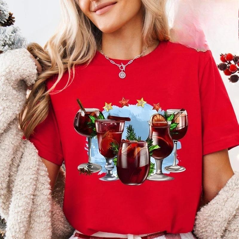 Lumières de Noël Verre à Vin Rouge T-shirt Femme Mode Fête de Noël Tops Harajuku Esthétique Décontractée Hauts de Fête pour Femmes