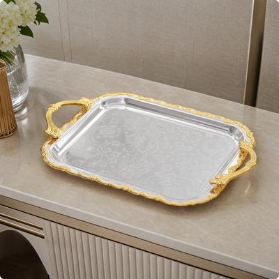 Silver European-Style Rectangular Serving Tray Ornate Floral-Patterned