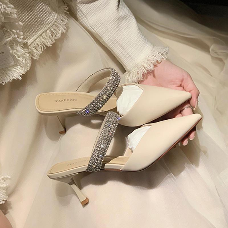 

Овчина~ Французские туфли на высоком каблуке женская сумка с головкой крутые тапочки стразы тонкий каблук остроносые одинарные туфли сексуальная сумка с головкой полусандалии 40