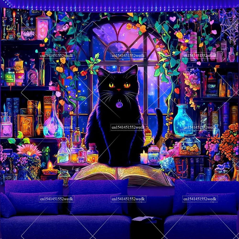 Magic Bookshelf Blacklight Tapestry UV Reactive Skull Library Neon Tapestrys Aesthetic Witchy Alchemy Fluorescent Tapestries