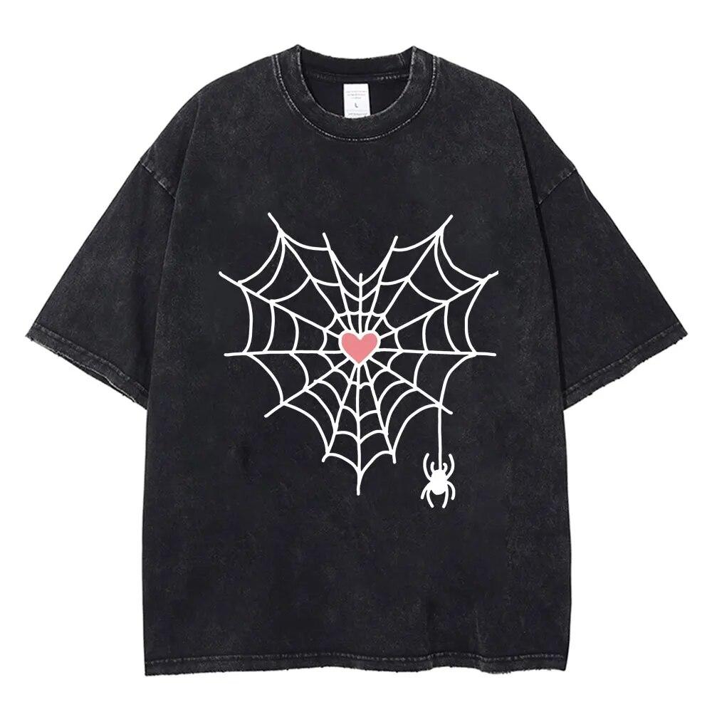 Spider Print Washed Vintage T Shirt Hip Hop Unisex Women T-shirt Harajuku Gothic Punk Cotton Summer Loose T Shirts Streetwear Y2k