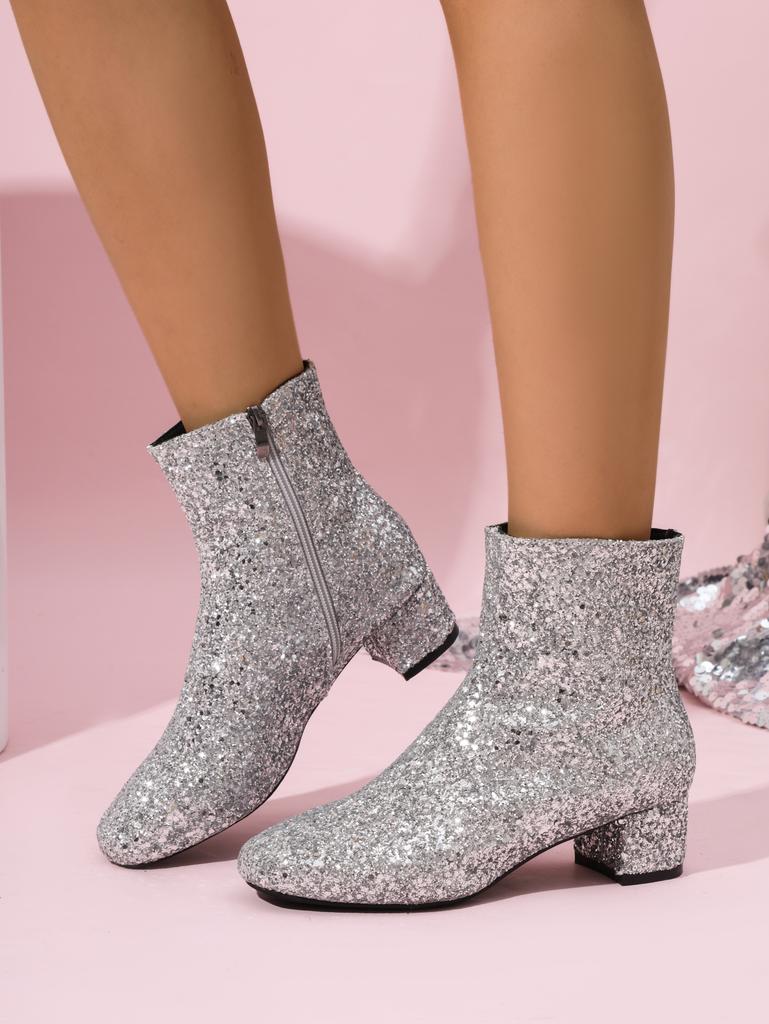 Women's Mid Heel Sexy Thick Bottom Shoes 2024 New Ladies Glitter Gold Chunky Heel Sequins Trendy Women's Shoes