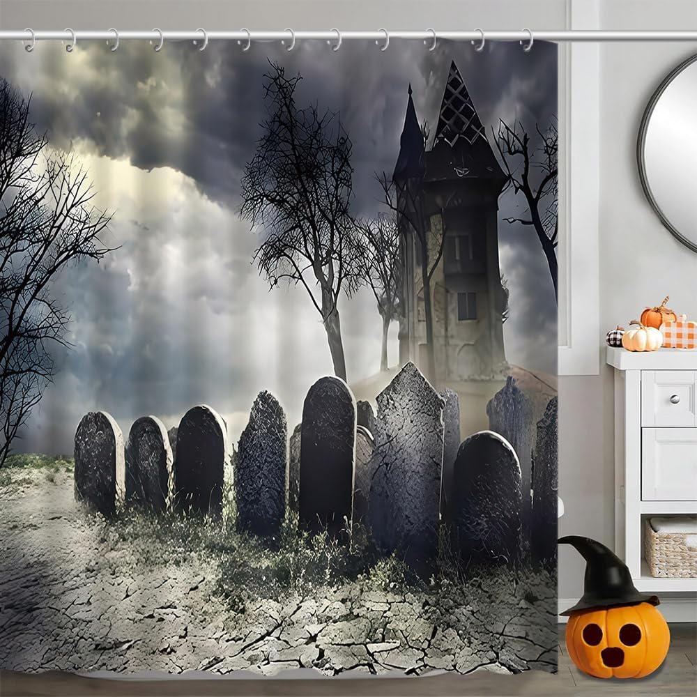 Spooky Halloween Shower Curtain Scary Face Cute Bathroom Decor with HooksFabric Curtain for Party or Home Decoration