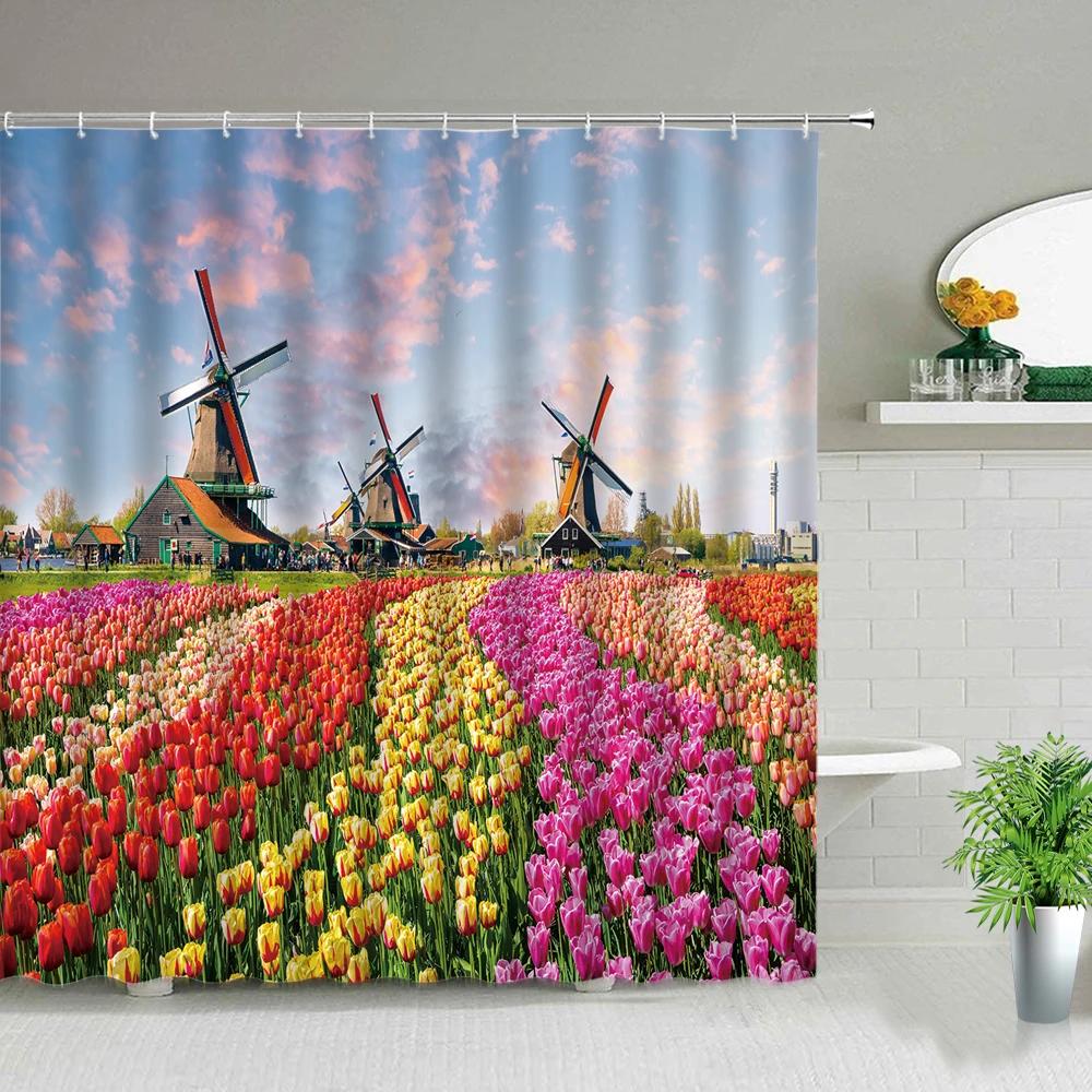 Pink Flower Plant Scenery Shower Curtains Rose Tulip Butterfly Spring Landscape 3d Printing Bathroom Waterproof Bath Curtain Set