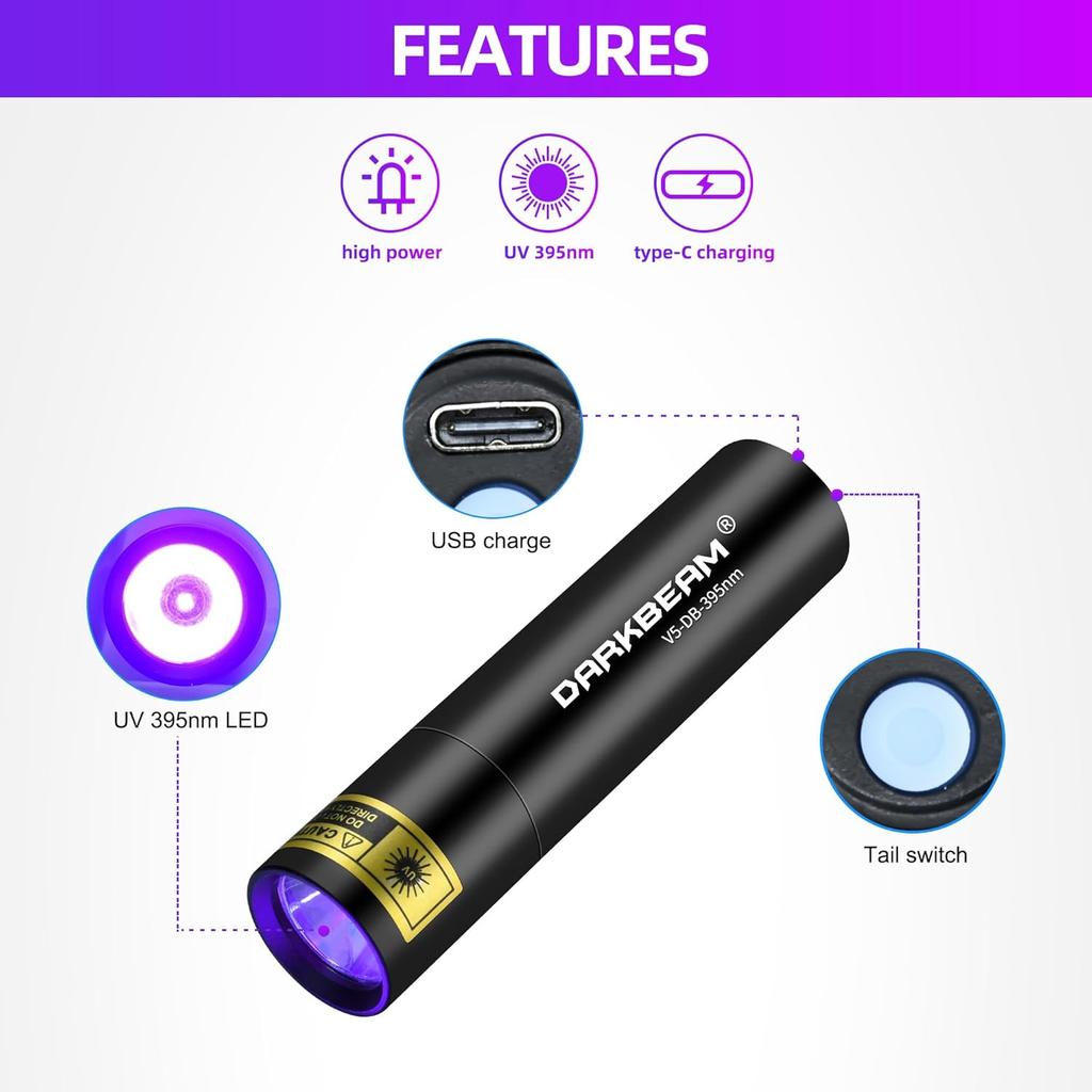 DARKBEAM Flashlight UV Black Light 395 NM, Mini but Powerful USB- C LED Rechargeable Woods Lamp, Ultraviolet Flashlights for Pet Urine, Stains