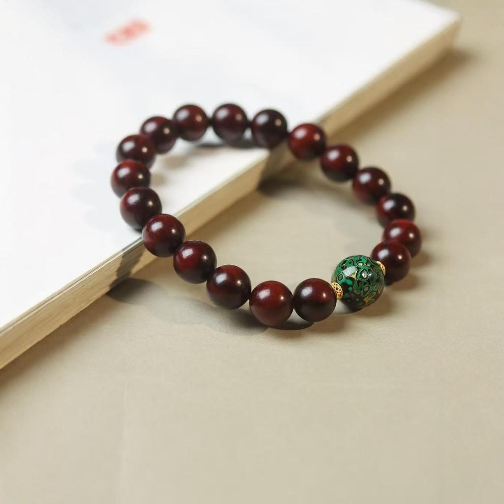 Women's Small-Leaf Rosewood Bracelet with Mother-of-Pearl Bead, Wenwan Buddhist Calming Ornament, Unisex.