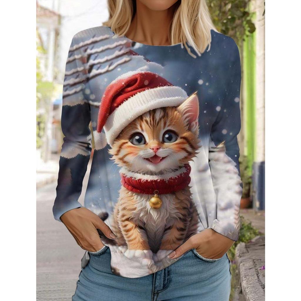 Weihnachten Damen Langarm T-Shirt Lässig Mode Weihnachten Niedliche Katze&Hund Feiertagsgeschenke Oberteile Harajuku Tier Damenbekleidung