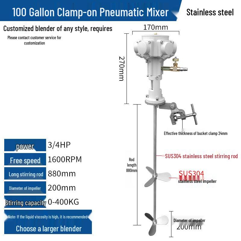 Pneumatic Clamp-On Lift Mixer for 100 Gallon Drums