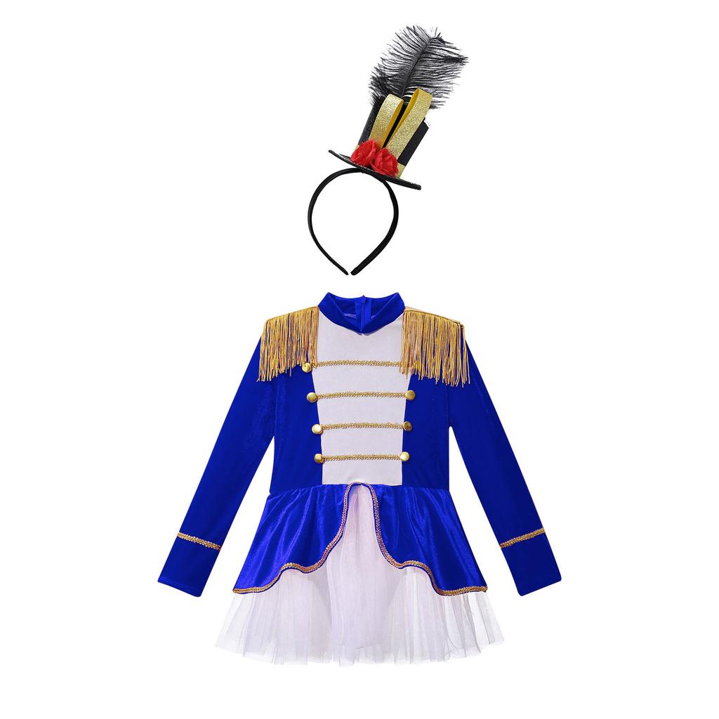Dětský kostým ringmastera pro dívky, trikotové tutu šaty s dlouhým rukávem a střapci na ramenou, s cylindrem a čelenkou na Halloween