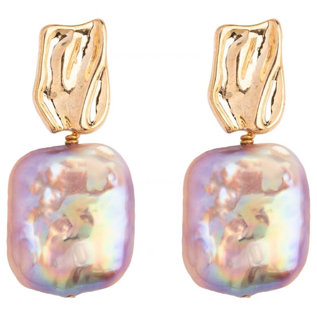 Французские ретро-серьги-гвоздики в стиле барокко с натуральными квадратными жемчужинами розово-фиолетового цвета, для женщин, в придворном стиле. Silver needle