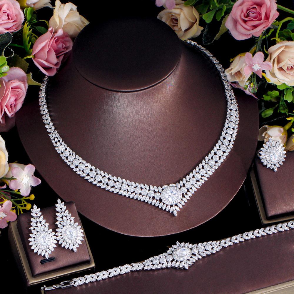 Light Luxury Zircon Full Diamond Necklace Four-Piece Banquet Wedding Bridal Accessories Set Chain Jewelry