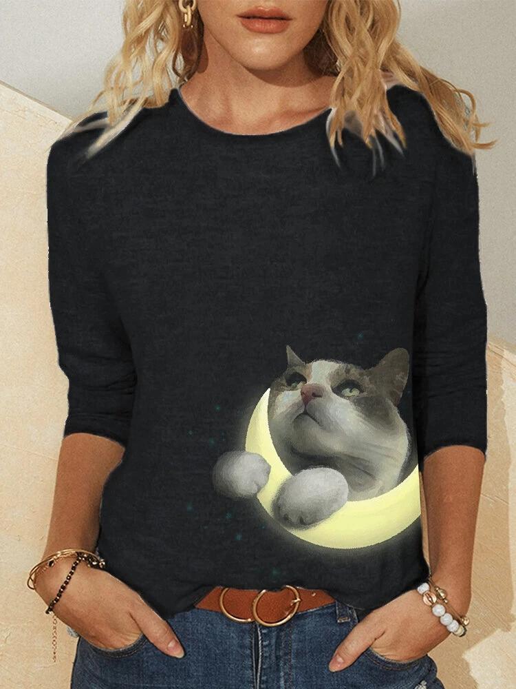 Women's Knitted Long Sleeve Animal Print Round Neck T-Shirt, European and American Style, 2023.