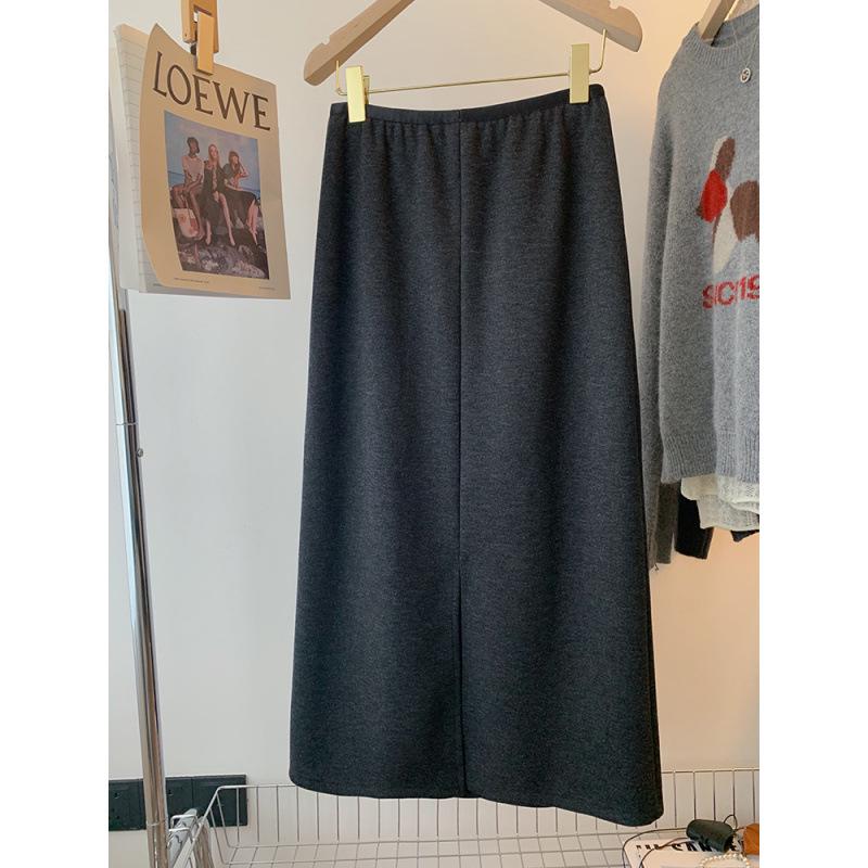 Women s Deep Gray Woolen A-Line Mid-Length Skirt, High-Waisted with Elastic Band - 2025 Autumn/Winter Collection. S