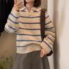 Korean Color Block Stripe Lapel Knit Sweater for Women - 2026 Autumn/Winter Collection