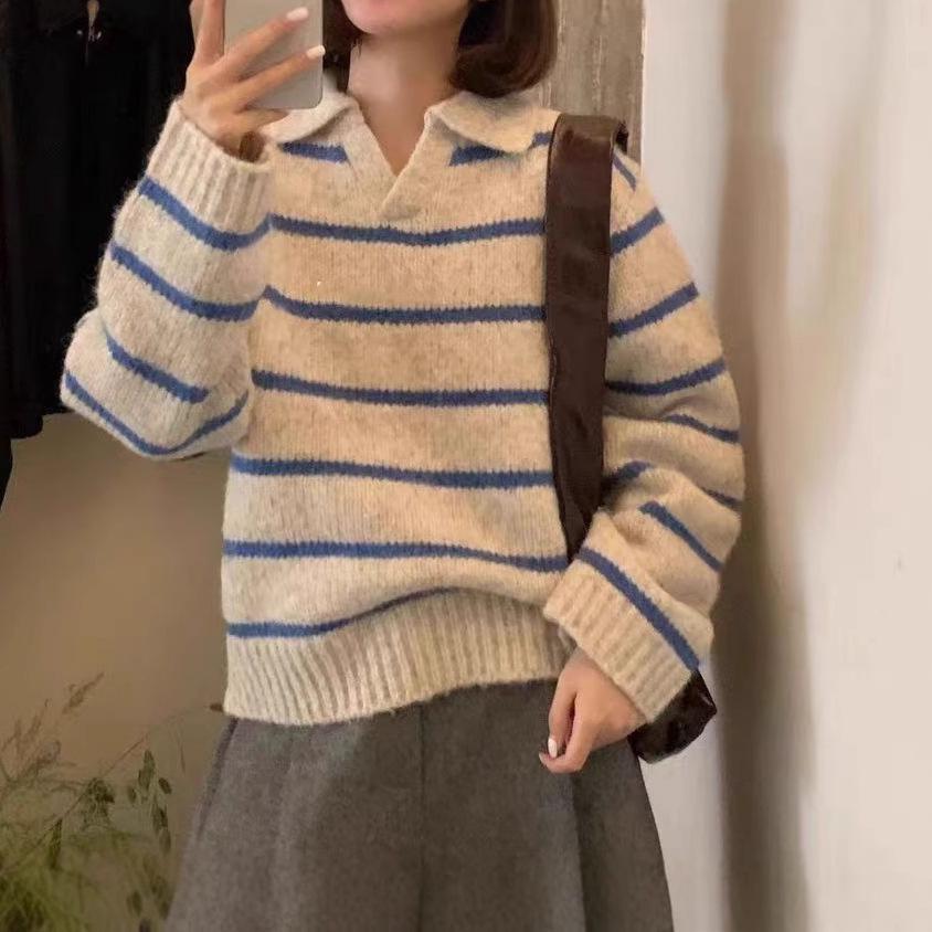 Korean Color Block Stripe Lapel Knit Sweater for Women - 2026 Autumn/Winter Collection