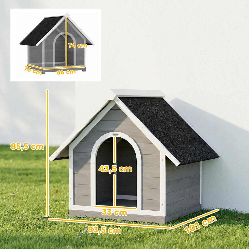 PawHut Outdoor Hundehütte Hundehütte Vollständig zu öffnender Körper für einfache Reinigung 84x101x86 cm Grau und Weiß