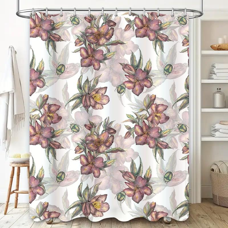 Stylish Bath Curtain With Floral Print Pink Purple Green Bloom Design Waterproof Fabric Shower Curtain For Home Decoration In Ba