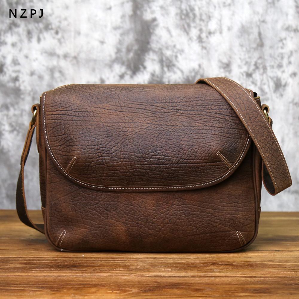 NZPJ Herren Retro Echte Leder Umhängetasche Lässig Oberste Schicht Rindsleder Große Kapazität Schräg Horizontal Trendige Umhängetasche