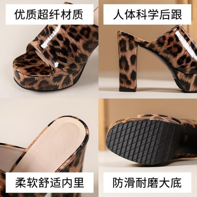 Fashion New Waterproof Platform Sandals for Women, Thick Heels, Summer Fish Mouth, Cool Slippers, Leopard Print Flip-flops