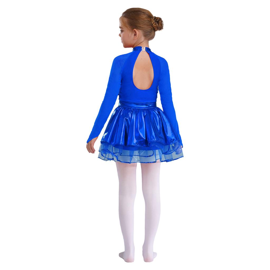 Mädchen Metallic Tutu Kleid Pailletten Durchsichtiges Mesh Langarm Design Schlüsselloch Rücken Funkelndes Tanzkostüm