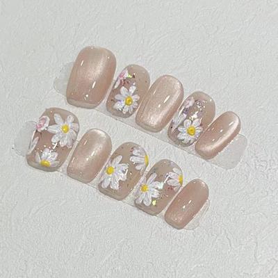 Wearing Armor Handmade Short Nail Piece Hand-painted Summer Spring Flower Light Luxury Cat Eye Removable Nail Piece
