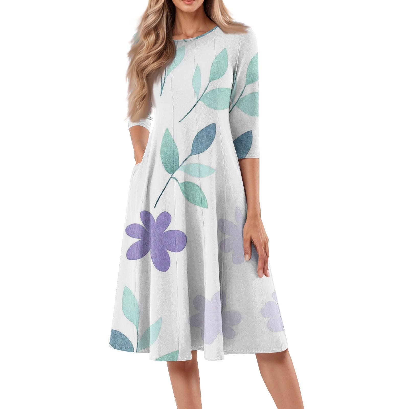 

Женское повседневное модное платье миди с круглым вырезом и рукавом три четверти с цветочным принтом M