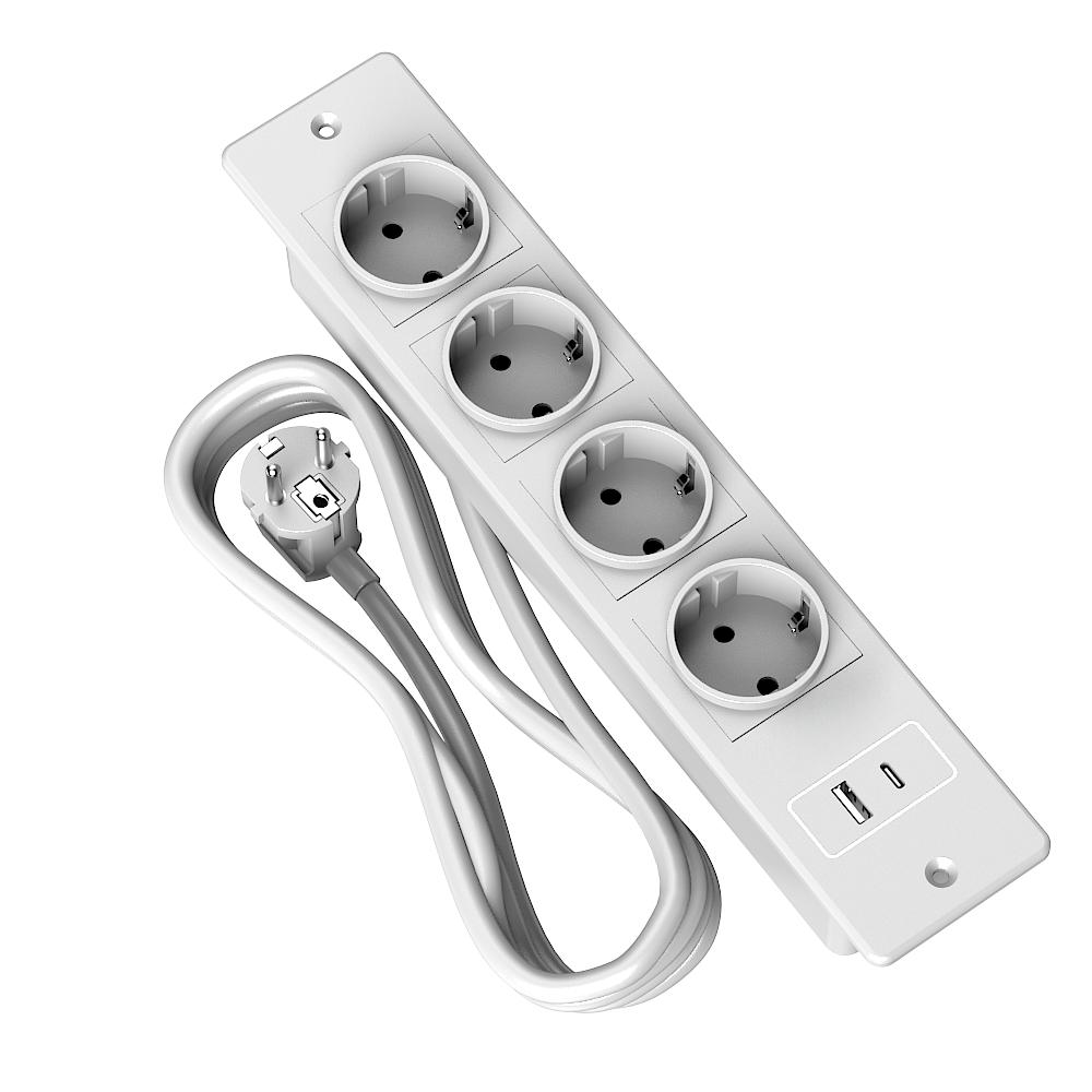 פס חשמל שקוע 4 שקעי AC עם USB A USB C, שקע חשמל מובנה לשולחן עבודה בהתקנה שטוחה עם כבל מאריך