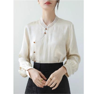 Nowa wiosenna morelowa retro chińska koszula w stylu stójka slim fit uniwersalna dla kobiet