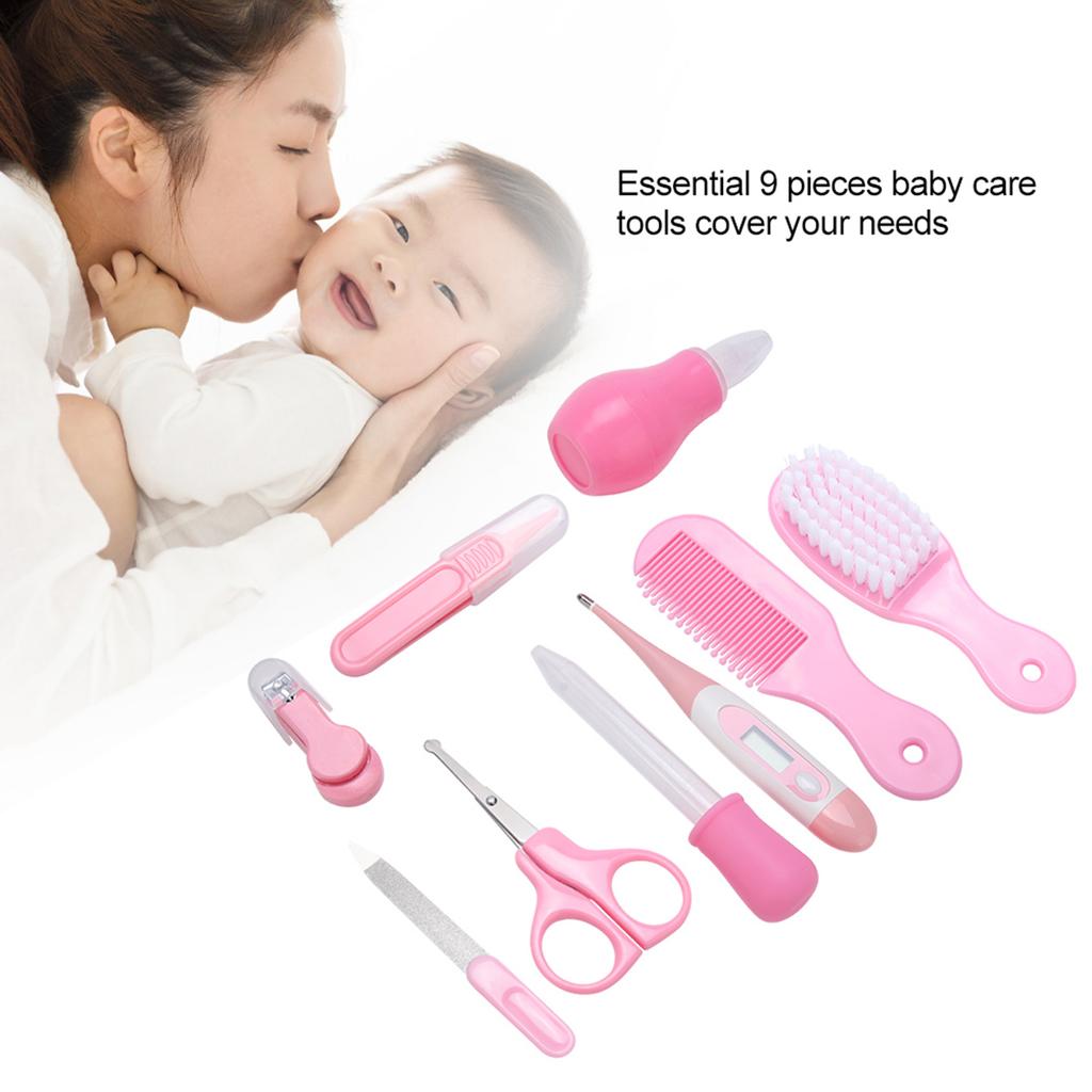 9 Stück Praktisches Tägliches Baby Nagelknipser Schere Haarbürste Kamm Maniküre Pflege Set Rosa