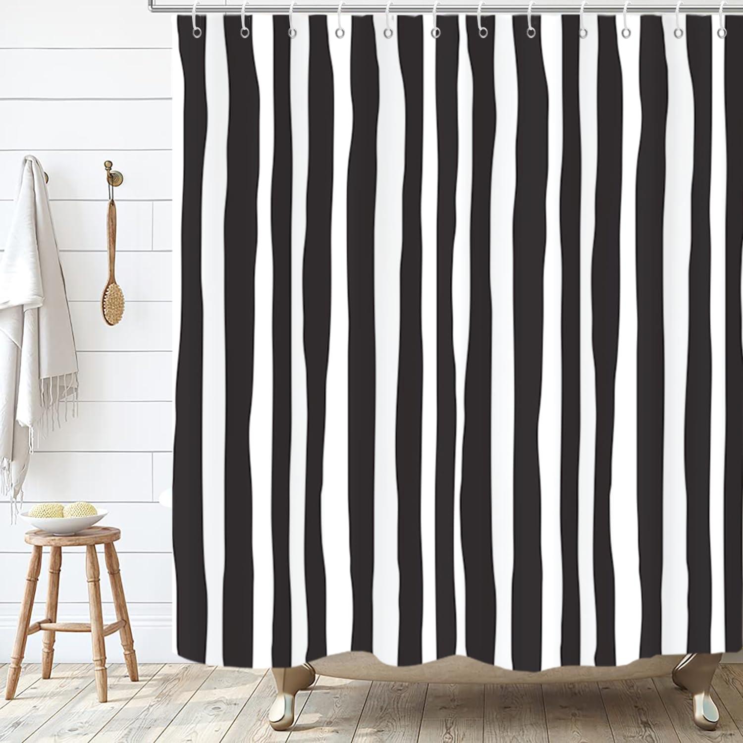 

Vikama Black White Hand-Drawn Stripe Shower Curtain Minimalist Irregular Line Print Waterproof Modern Bathroom Partition Curtain W60H190(CM)-1 Pcs