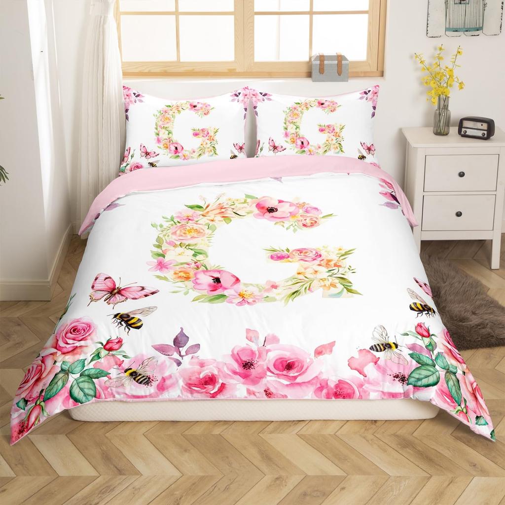 Initial Letter A Duvet Cover for Boys Girls Floral Monogrammed Bedding Set Romantic Rose Alphabet Quilt Cover with 2 Pillow Case