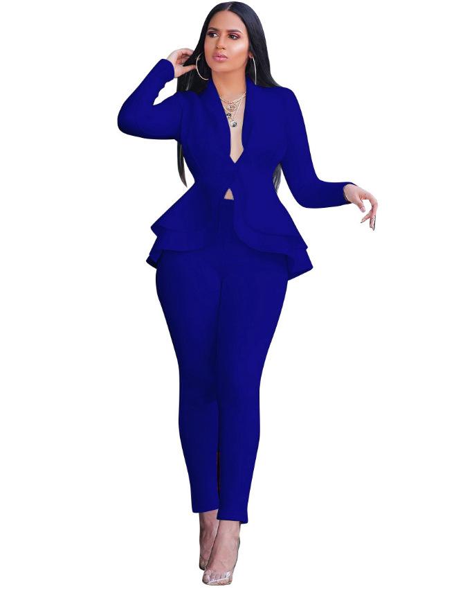 Women's Lapel Long Sleeve Ruffle Peplum Blazer Skinny Pants 2 Piece Business Suit Set 2022 Fall Office Tracksuit