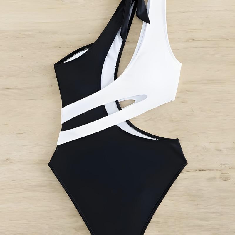Sexy One-piece Swimsuit Onservative Color Matching Contrasting Color Single Shoulder Sloping Shoulder