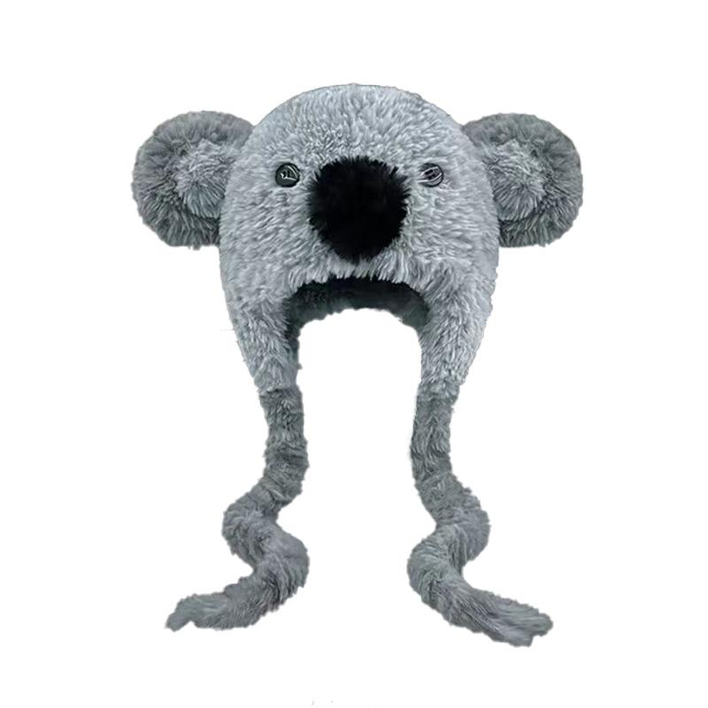 New Cute Cartoon Grey Koala Plush Lei Feng Hat for Women In Winter Warm Ear Protection Lace Up Hat