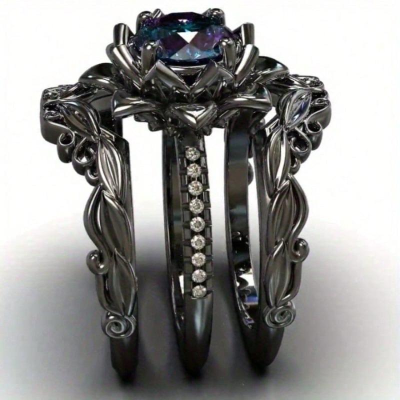 Elegant Three-Piece Black Lotus Ring Set with Rainbow-Colored Zirconia for Weddings, Engagements Anniversaries and Parties