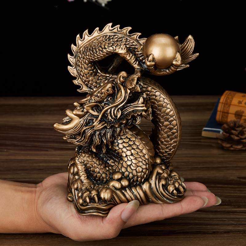 Harz Glücksdrachen Skulptur Statue Chinesisches Maskottchen Tamron Ornamente Heimdekorationszubehör Goldfarbe und antikes Kupfer