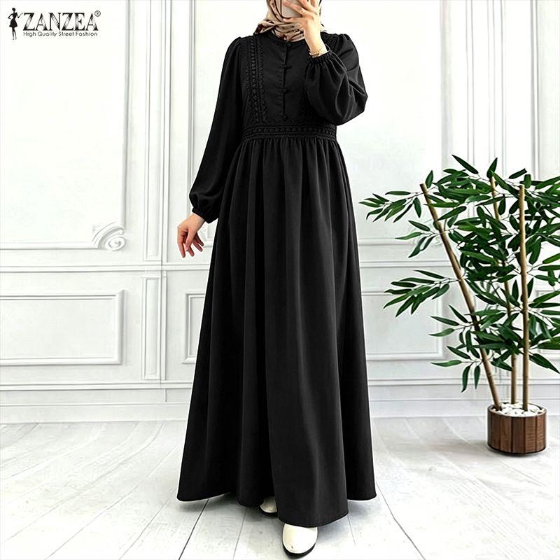 ZANZEA Abito Musulmano Casual da Donna con Scollo Rotondo, Manica Lunga Larga