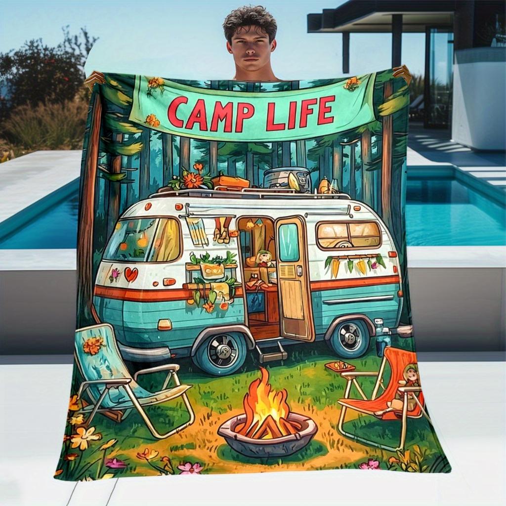 Outdoor Camping Scene Print Blanket Lightweight Soft Warm All Season Couch Sofa Bed Throw Camping Travel Office