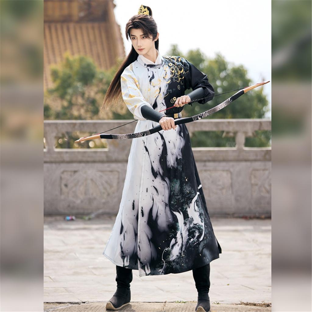 Chinese Tang Dynasty Style Round Neck Robe And Hanfu Daily Printed Suit For Handsome Male And Female Knights