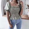 Women Spring Summer Chic Floral Print Shirt Blouse Top Square Collar Short Lantern Sleeve Ruffle Hem Slim Waist Simple Chiffon S-XL