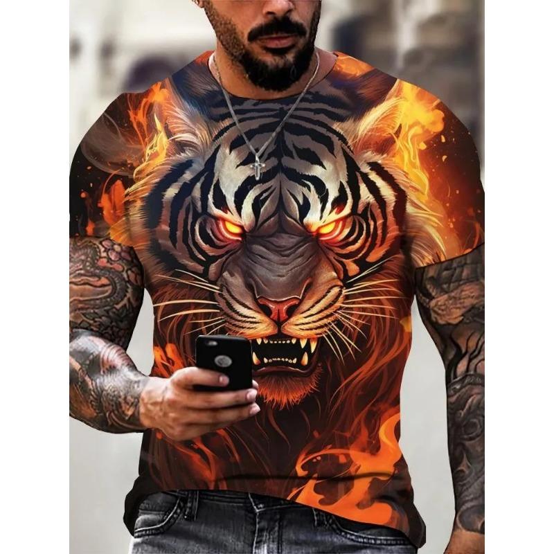 Summer Round Neck 3D Tiger Print Top Fashionable Casual Short Sleeved Men's T-shirts