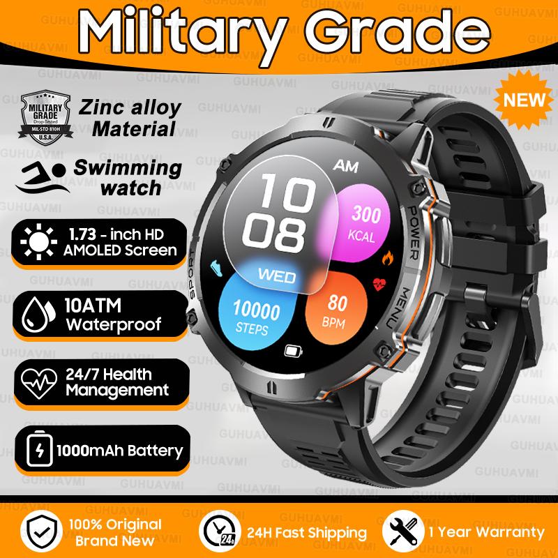 

New 1000mAh Big Battery Outdoors Military SmartWatch 1.73 AMOLED Screen 10ATM Waterproof Compass Sports tracker Smartwatch 1000mAh battery чорний