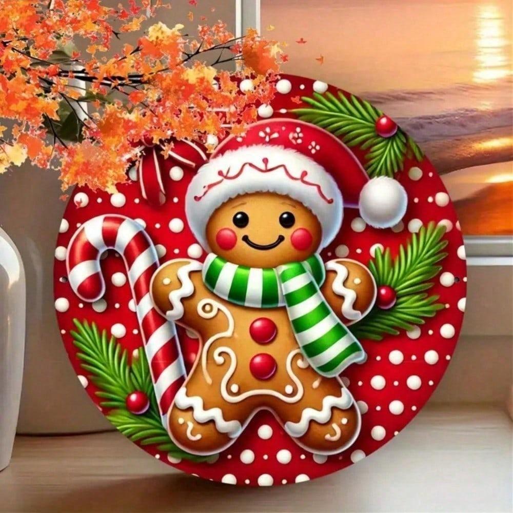 1pc Christmas Gingerbread Man Candy Cane Metal Wall Art, 7.8x7.8 Inch Farmhouse Hanging Decor for Indoor Outdoor Holiday