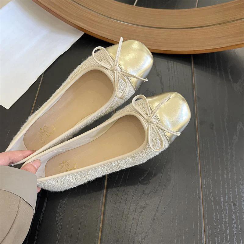 

Fashion Patchwork Bowknot Flats Women Square Toe Soft Sole Single Shoes Woman Non Slip Ballet Flat Shoes 43
