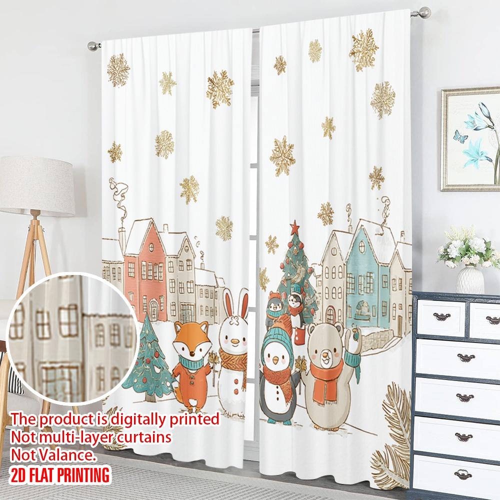 2pcs 2D Flat Printing Merry Christmas Curtains Cute Cartoon Animals Winter Holiday Digital Printed Polyester Drapes Family Party