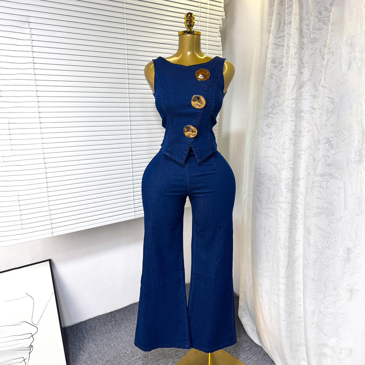 women s Denim 2 Piece Set Sleeveless Gold Button Vest and High Waist Flare Pants Outfit S