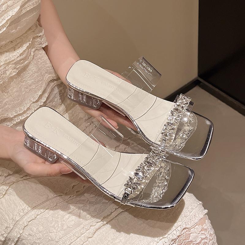 

Fashion Women Mid Heels Slippers Crystal Heeled Shoes Designer Luxury Slingback Sandals Summer Chunky Pumps 2025 New Fashion Zapatillas 41 серебряный